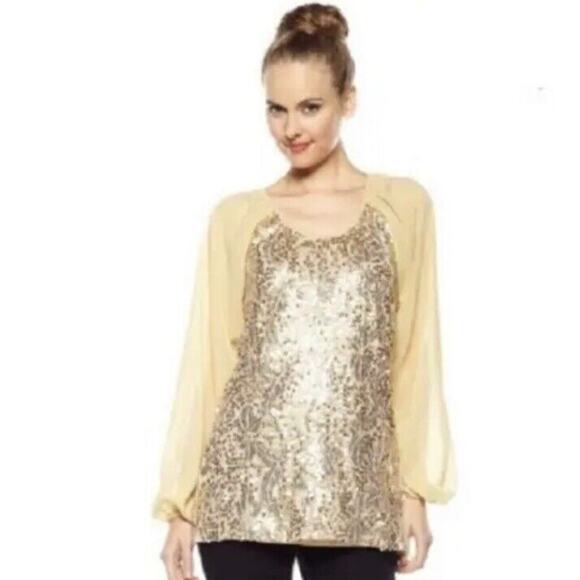 AMERICAN GLAMOUR BADGLEY MISCHKA Large Chiffon Sequins Blouse Gold Top Lined - Picture 1 of 9
